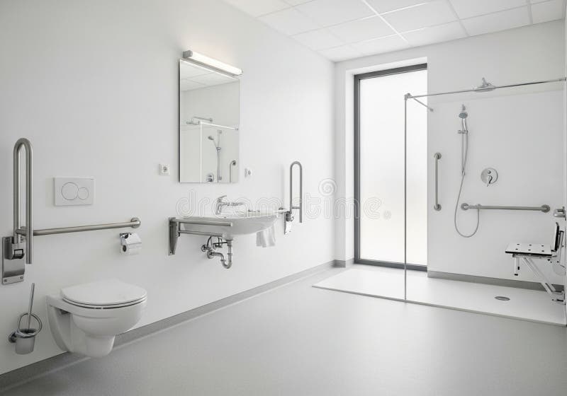 Accessible bathroom designed for ease of use, featuring a wall-mounted sink with a mirror above and support handrails on both sides. A toilet with adjacent handrails is positioned on the left, providing support. The shower area includes a handheld showerhead, safety grab bars, and a foldable shower seat. The floor is smooth and slip-resistant. Natural light streams through a frosted glass window, enhancing visibility. The room's design prioritizes mobility and safety, ideal for individuals with physical disabilities or limited mobility. Sink ideal illustrations