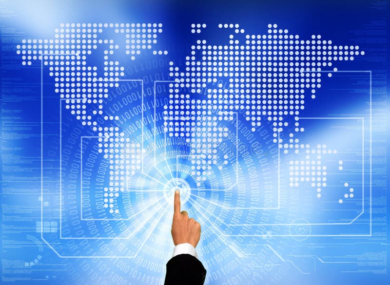 Accessing the Global Network. A businessman's hands touching the worldwide connection network Accessing the Global Network. A businessman's hands touching the worldwide connection network