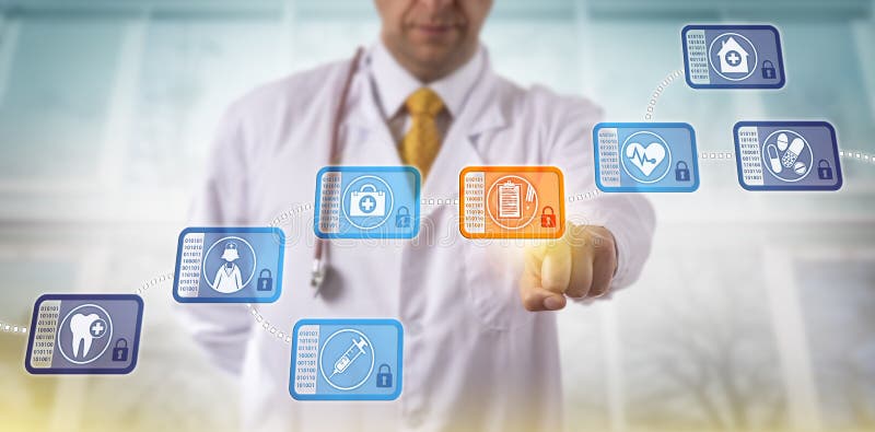 Unrecognizable doctor accessing medical records by selecting a data block in a healthcare blockchain. Internet technology in health care concept for database management via peer-to-peer network. Unrecognizable doctor accessing medical records by selecting a data block in a healthcare blockchain. Internet technology in health care concept for database management via peer-to-peer network.