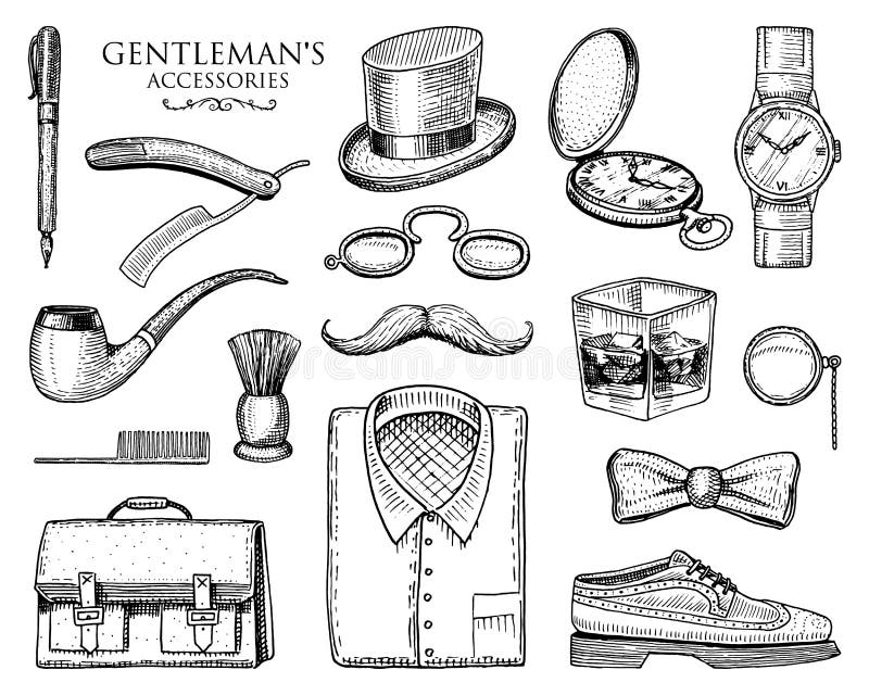 Accessoires de monsieur hippie ou homme d'affaires, ère de victorian vintage tiré par la main gravé brogues, moustache, chemise e illustration stock Accessoires de monsieur hippie ou homme d'affaires, ère de victorian vintage tiré par la main gravé brogues, moustache, chemise e illustration stock