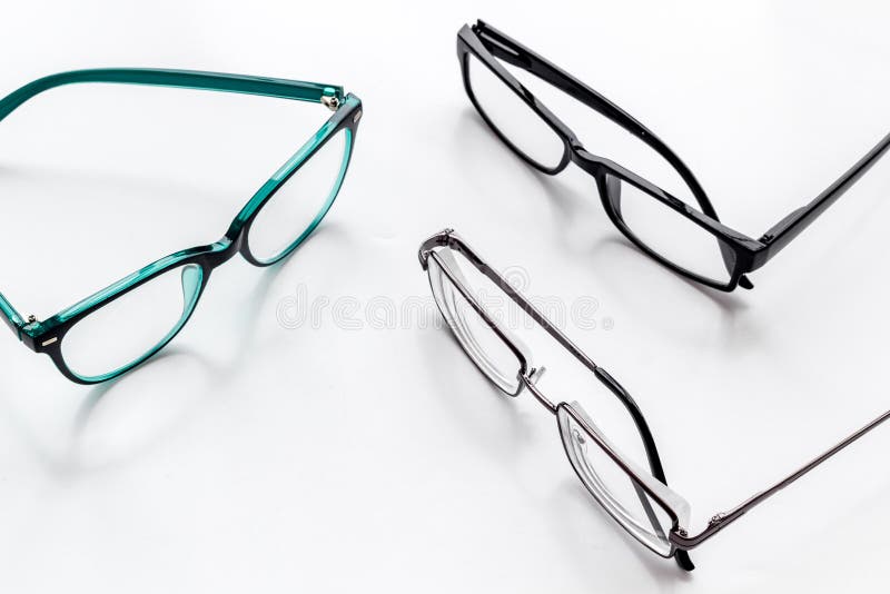 Accessories for eyes. Glasses with transparent lenses and different frames on white background