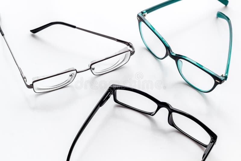 Accessories for eyes. Glasses with transparent lenses and different frames on white background