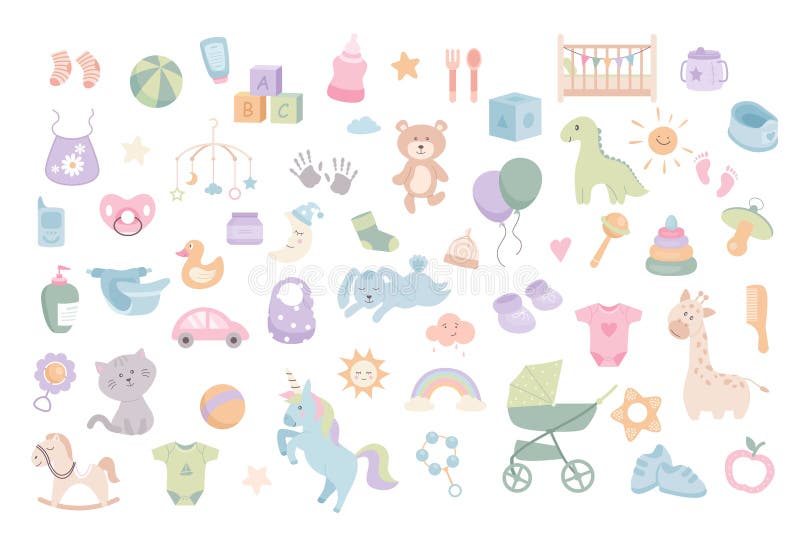 Accessories Items for Newborn Babies. Bundle of toys, clothes, stroller, baby care stuff, rattles, crib. The most necessary things royalty free illustration