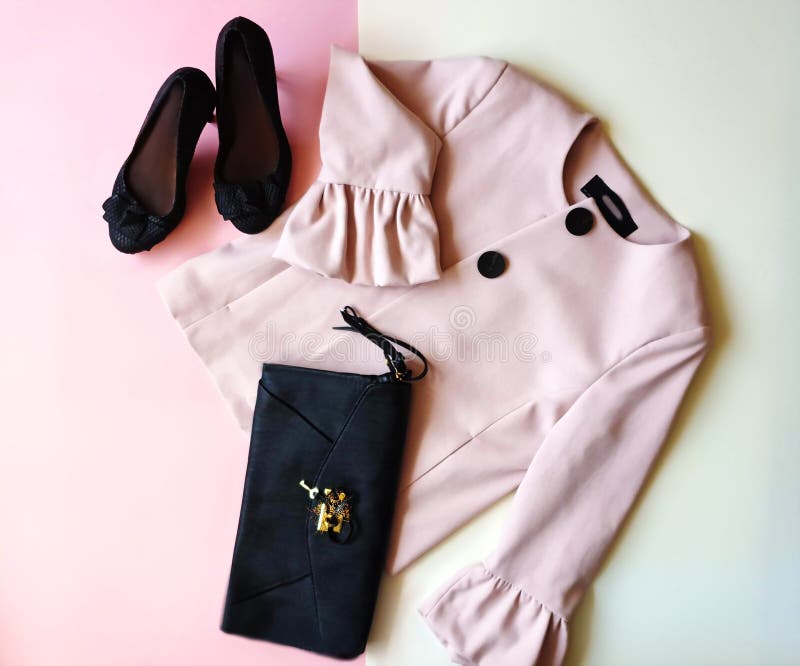 Accessories jewelry sunglasses women clothes pink jacket black shoes leather handbag design fashion shop set collage stock photo Accessories jewelry sunglasses women clothes pink jacket black shoes leather handbag design fashion shop set collage stock photo