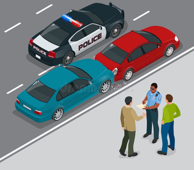 Accident automobile impliquant deux voitures sur une rue de ville Policier de trafic dans la scène d'accident de voiture Deux con illustration stock Accident automobile impliquant deux voitures sur une rue de ville Policier de trafic dans la scène d'accident de voiture Deux con illustration stock