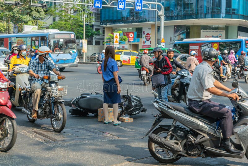 Accident happened. Bus crashes scooter in Ho Chi Minh City, Vietnam stock photography Accident happened. Bus crashes scooter in Ho Chi Minh City, Vietnam stock photography