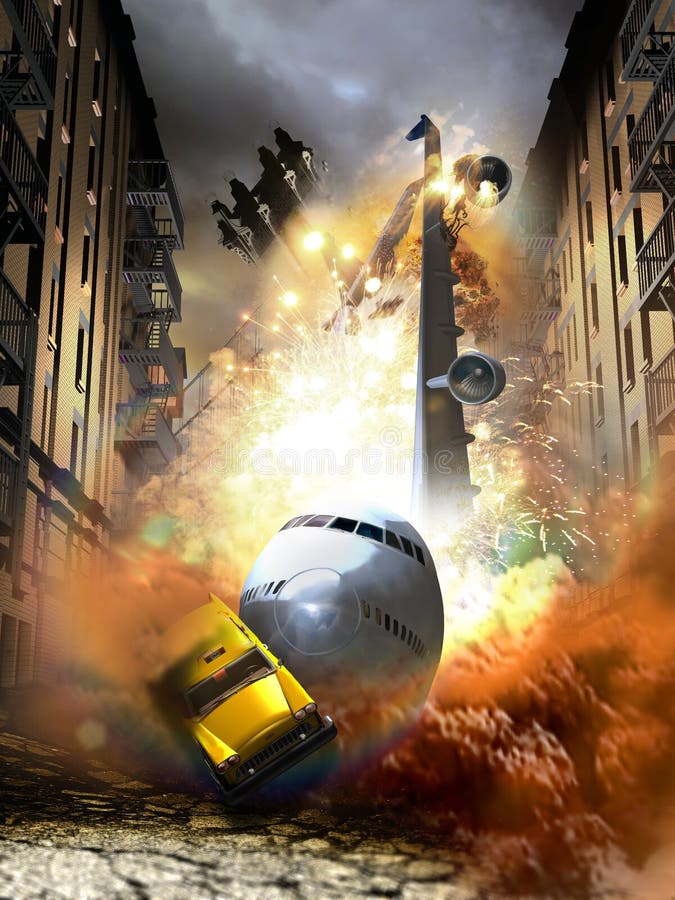 Boeing 747 crashes on the city, finishing its travel into a city street and dragging a yellow cab. Boeing 747 crashes on the city, finishing its travel into a city street and dragging a yellow cab.