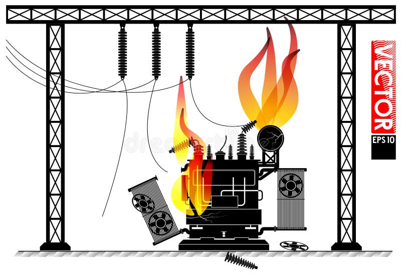 Accident at the transformer substation. Fire on the transformer. Power outage. Blackout news. Wires and supports. Accident at the transformer substation. Fire on the transformer. Power outage. Blackout news. Wires and supports.