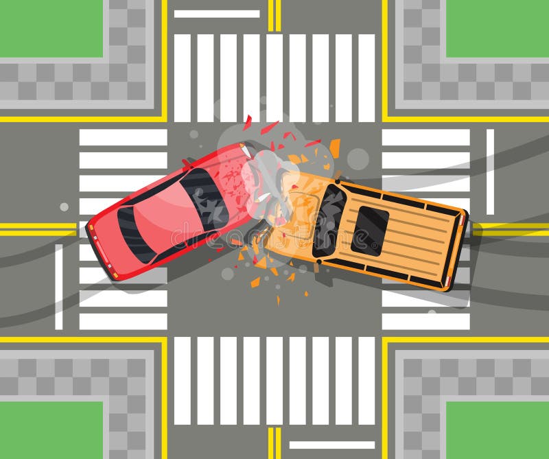 Road accident between two cars. Vehicle collision on grey background. Broken wings and bumpers, crashed windows. Top view. Traffic regulations. Rules of the road. Vector illustration in flat style. Road accident between two cars. Vehicle collision on grey background. Broken wings and bumpers, crashed windows. Top view. Traffic regulations. Rules of the road. Vector illustration in flat style