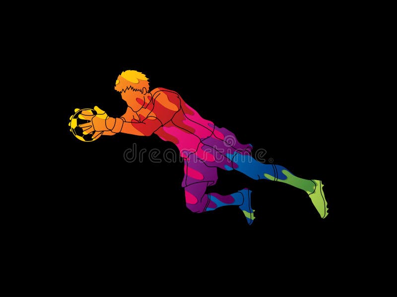 Acción de salto del portero, capturas el vector del gráfico de la bola ilustración del vector Acción de salto del portero, capturas el vector del gráfico de la bola ilustración del vector
