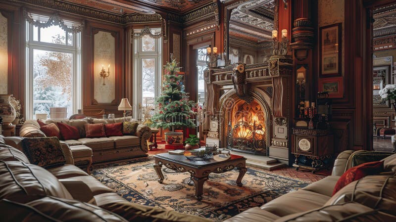 Accogliente salotto di Natale in una grande villa royalty illustrazione gratis