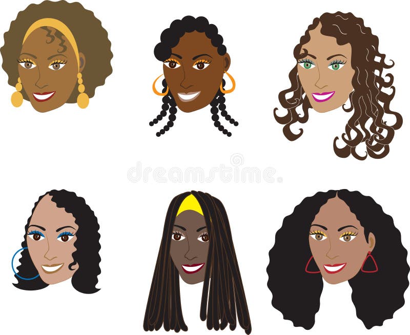 Vector Illustration set of 6 natural and real hair styles for women with curly, kinky or wavy hair. Also available in straight styles or weaves and wigs. Vector Illustration set of 6 natural and real hair styles for women with curly, kinky or wavy hair. Also available in straight styles or weaves and wigs.