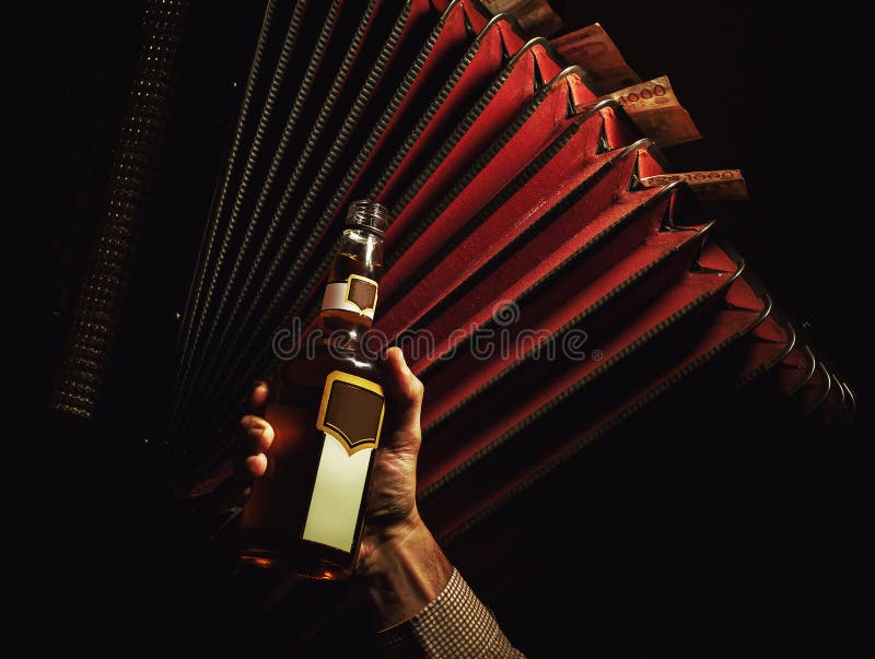 Accordion With Serbian Money and Bottle of Drink.