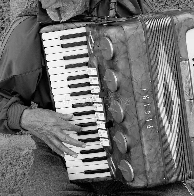 Accordionist with His Accordion Standing in Front Roma Band Playing