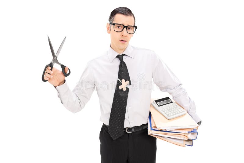 Accountant holding scissors and pile of documents isolated on white background