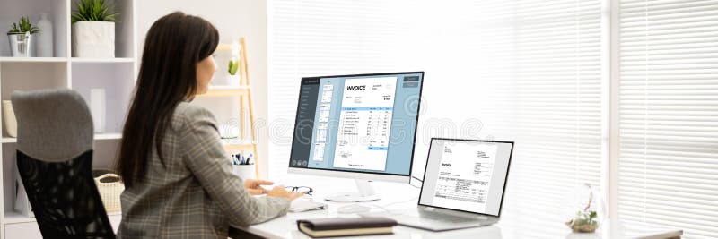 Accountant Using E Invoice Software At Computer stock photography