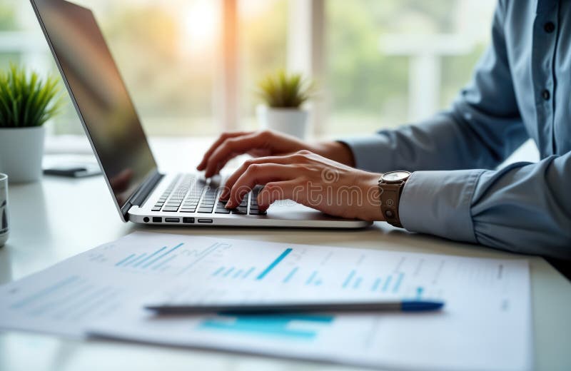 Accountant works on laptop checking financial transactions. Financial reports, documents on desk. Person uses laptop software for vector illustration
