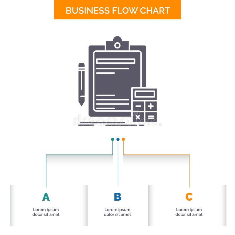 Accounting, banking, calculator, finance, Audit Business Flow Chart Design with 3 Steps. Glyph Icon For Presentation Background