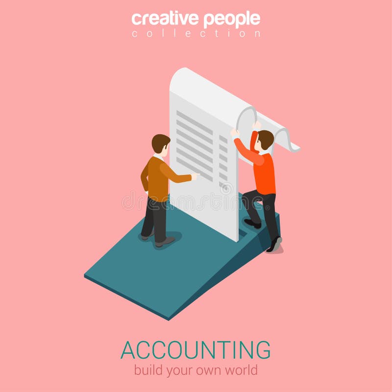 Accounting business finance concept flat 3d web isometric. Infographic vector. Two man holding big slip fiscal check. Build your own world creative people stock illustration Accounting business finance concept flat 3d web isometric. Infographic vector. Two man holding big slip fiscal check. Build your own world creative people stock illustration