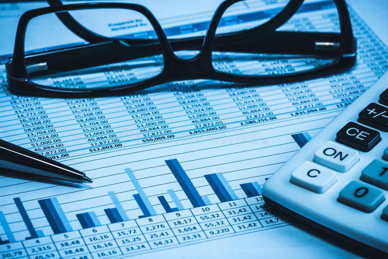 Accounting financial bank banking account stock spreadsheet data for accountant with glasses pen and calculator royalty free stock photos Accounting financial bank banking account stock spreadsheet data for accountant with glasses pen and calculator royalty free stock photos