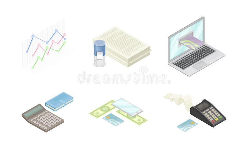 Accounting and taxes objects set. Financial analysis, business planning and strategy vector illustration stock illustration