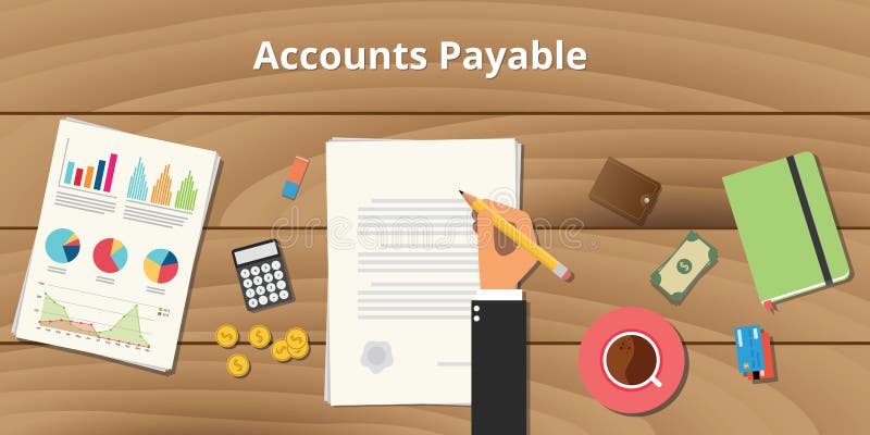 Accounts payable illustration with businessman working on paper document with graph money chart paperwork on top of vector illustration