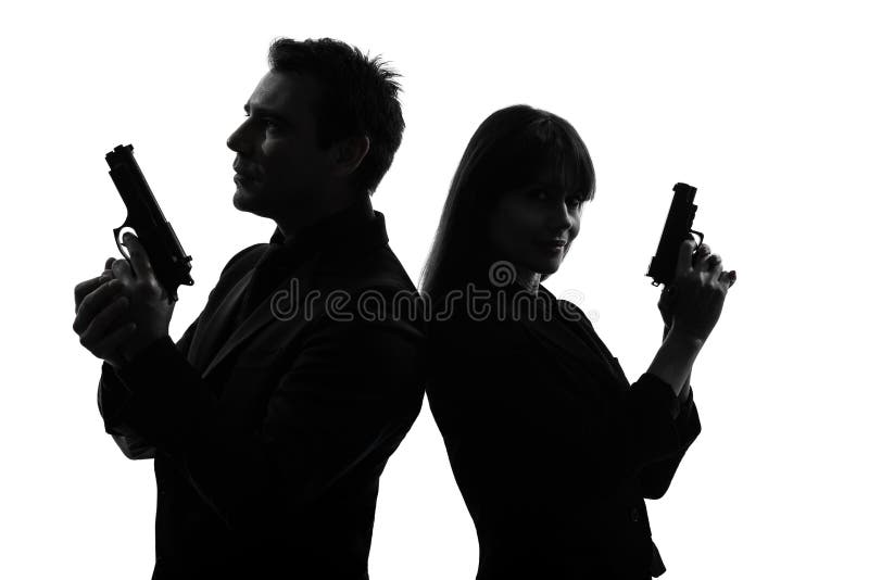 Accouplez la silhouette révélatrice de criminel d'agent secret d'homme de femme image stock Accouplez la silhouette révélatrice de criminel d'agent secret d'homme de femme image stock