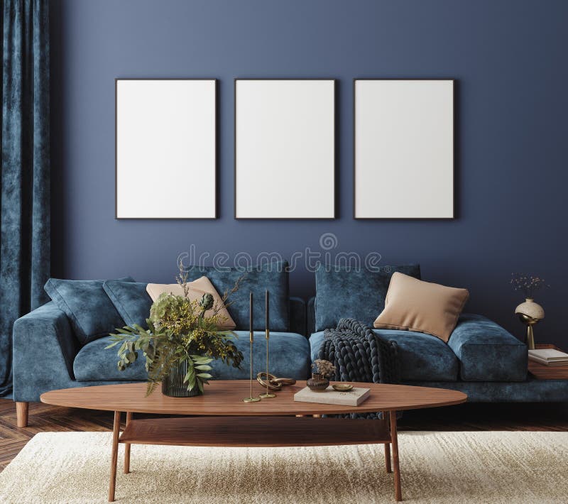Accueil intérieur maquette avec canapé bleu table et décor dans le salon illustration libre de droits