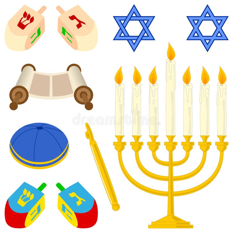 A collection of Jewish elements and symbols (star of David, menorah, kippa, pointer, Torah scroll and dreidels) isolated on white background. Eps file available. A collection of Jewish elements and symbols (star of David, menorah, kippa, pointer, Torah scroll and dreidels) isolated on white background. Eps file available.