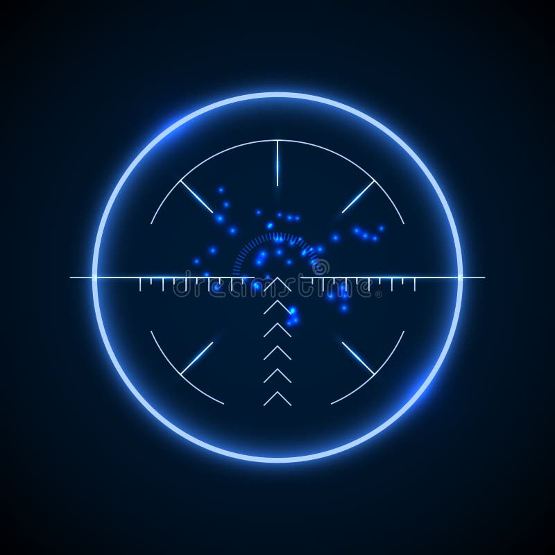 Accurate sniper scope, neon luminous target vector illustration. Military aiming and targeting optical. Aiming target vectors