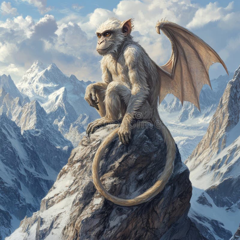 Această ilustrație detaliată prezintă un hibrid unic de dragon maimuță periat pe un vârf de munte stâncos creatura mitică afișează stock illustration