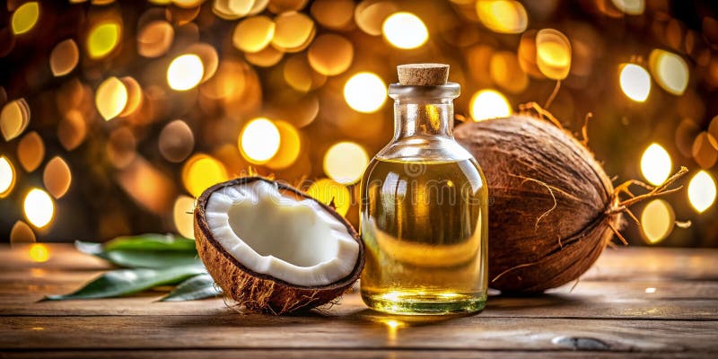 Aceite de Coco Orgánico Puro: Un Elixir Natural en una Hermosa Botella con Cocos Frescos sobre un Bokeh Suave libre illustration