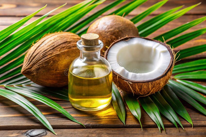 Aceite de palma de coco en botella con cocos frescos libre illustration