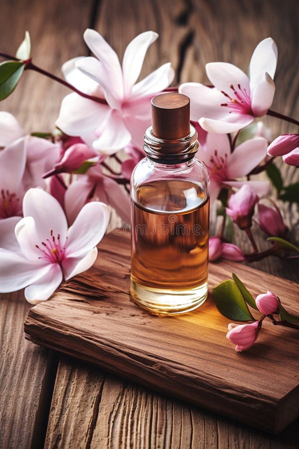 Aceite esencial de magnolia en una botella. ai generativo ilustración del vector
