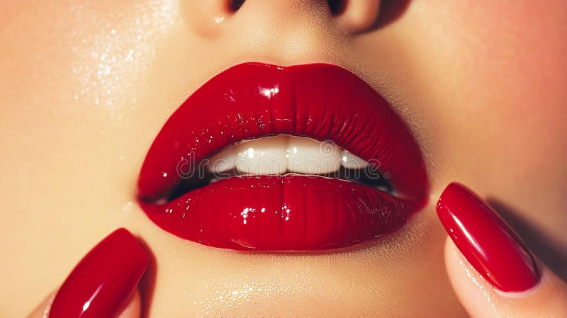 Acercar la cara de la mujer con labios pusilánimes con las manos de lápiz labial rojo tocando la cara con manicura. maquillaje de libre illustration