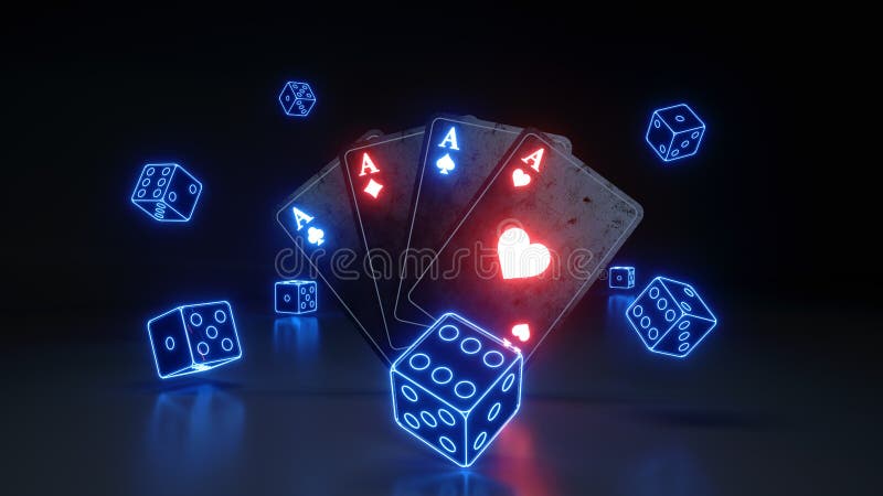 Aces Playing Cards and Dices with Glowing Neon Lights Isolated on the Black  Background - 3D Illustration Stock Illustration - Illustration of four,  aces: 143233331
