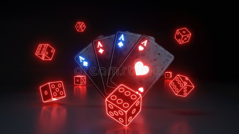 Aces Playing Cards and Dices with Glowing Neon Red Lights Isolated on the  Black Background - 3D Illustration Stock Illustration - Illustration of  advertising, graphic: 143233431