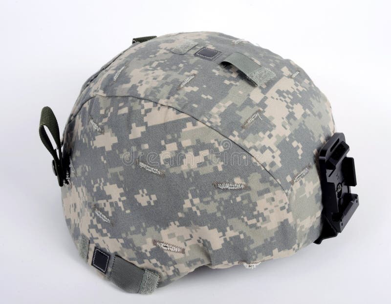 21st century helmet, the American ACH (Advanced Combat Helmet). The helmet is worn with the UCP camo cover. This cover has IR reflective tabs on both sides, at the rear and on the crown. 21st century helmet, the American ACH (Advanced Combat Helmet). The helmet is worn with the UCP camo cover. This cover has IR reflective tabs on both sides, at the rear and on the crown.