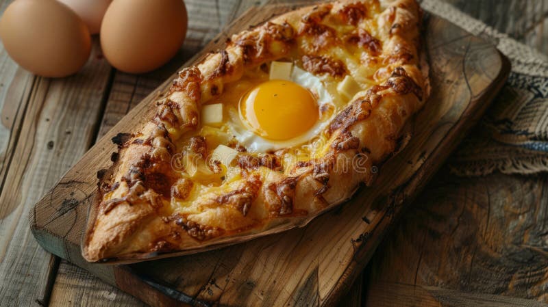 This image showcases a beautifully crafted Acharuli Khachapuri, a traditional Georgian dish, served fresh and hot. The boat-shaped bread is golden-brown, with crispy edges and filled with a rich mixture of melted cheese, creating a gooey center. A perfectly cooked sunny-side-up egg sits in the middle, its yolk ready to be mixed into the hot cheese, adding creaminess to the dish. Pieces of butter melt into the mixture, enhancing its flavor. The khachapuri is presented on a rustic wooden board, accompanied by extra slices of cheese and a sprig of parsley, setting a warm, inviting tone perfect for a hearty meal. This image showcases a beautifully crafted Acharuli Khachapuri, a traditional Georgian dish, served fresh and hot. The boat-shaped bread is golden-brown, with crispy edges and filled with a rich mixture of melted cheese, creating a gooey center. A perfectly cooked sunny-side-up egg sits in the middle, its yolk ready to be mixed into the hot cheese, adding creaminess to the dish. Pieces of butter melt into the mixture, enhancing its flavor. The khachapuri is presented on a rustic wooden board, accompanied by extra slices of cheese and a sprig of parsley, setting a warm, inviting tone perfect for a hearty meal.