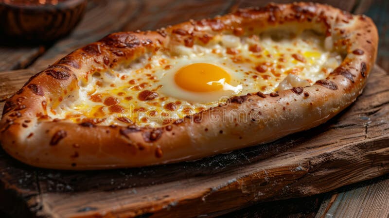 This image showcases a beautifully crafted Acharuli Khachapuri, a traditional Georgian dish, served fresh and hot. The boat-shaped bread is golden-brown, with crispy edges and filled with a rich mixture of melted cheese, creating a gooey center. A perfectly cooked sunny-side-up egg sits in the middle, its yolk ready to be mixed into the hot cheese, adding creaminess to the dish. Pieces of butter melt into the mixture, enhancing its flavor. The khachapuri is presented on a rustic wooden board, accompanied by extra slices of cheese and a sprig of parsley, setting a warm, inviting tone perfect for a hearty meal. This image showcases a beautifully crafted Acharuli Khachapuri, a traditional Georgian dish, served fresh and hot. The boat-shaped bread is golden-brown, with crispy edges and filled with a rich mixture of melted cheese, creating a gooey center. A perfectly cooked sunny-side-up egg sits in the middle, its yolk ready to be mixed into the hot cheese, adding creaminess to the dish. Pieces of butter melt into the mixture, enhancing its flavor. The khachapuri is presented on a rustic wooden board, accompanied by extra slices of cheese and a sprig of parsley, setting a warm, inviting tone perfect for a hearty meal.