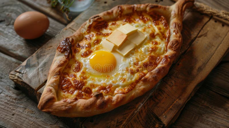 This image showcases a beautifully crafted Acharuli Khachapuri, a traditional Georgian dish, served fresh and hot. The boat-shaped bread is golden-brown, with crispy edges and filled with a rich mixture of melted cheese, creating a gooey center. A perfectly cooked sunny-side-up egg sits in the middle, its yolk ready to be mixed into the hot cheese, adding creaminess to the dish. Pieces of butter melt into the mixture, enhancing its flavor. The khachapuri is presented on a rustic wooden board, accompanied by extra slices of cheese and a sprig of parsley, setting a warm, inviting tone perfect for a hearty meal. This image showcases a beautifully crafted Acharuli Khachapuri, a traditional Georgian dish, served fresh and hot. The boat-shaped bread is golden-brown, with crispy edges and filled with a rich mixture of melted cheese, creating a gooey center. A perfectly cooked sunny-side-up egg sits in the middle, its yolk ready to be mixed into the hot cheese, adding creaminess to the dish. Pieces of butter melt into the mixture, enhancing its flavor. The khachapuri is presented on a rustic wooden board, accompanied by extra slices of cheese and a sprig of parsley, setting a warm, inviting tone perfect for a hearty meal.