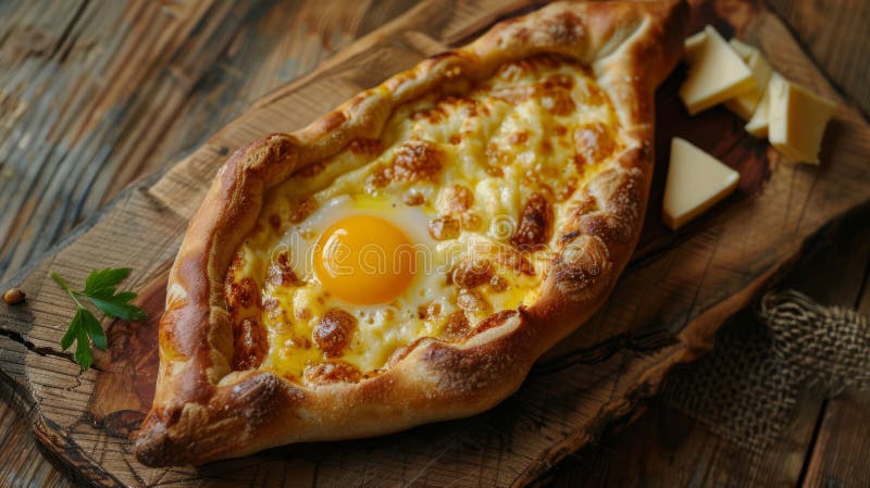 This image showcases a beautifully crafted Acharuli Khachapuri, a traditional Georgian dish, served fresh and hot. The boat-shaped bread is golden-brown, with crispy edges and filled with a rich mixture of melted cheese, creating a gooey center. A perfectly cooked sunny-side-up egg sits in the middle, its yolk ready to be mixed into the hot cheese, adding creaminess to the dish. Pieces of butter melt into the mixture, enhancing its flavor. The khachapuri is presented on a rustic wooden board, accompanied by extra slices of cheese and a sprig of parsley, setting a warm, inviting tone perfect for a hearty meal. This image showcases a beautifully crafted Acharuli Khachapuri, a traditional Georgian dish, served fresh and hot. The boat-shaped bread is golden-brown, with crispy edges and filled with a rich mixture of melted cheese, creating a gooey center. A perfectly cooked sunny-side-up egg sits in the middle, its yolk ready to be mixed into the hot cheese, adding creaminess to the dish. Pieces of butter melt into the mixture, enhancing its flavor. The khachapuri is presented on a rustic wooden board, accompanied by extra slices of cheese and a sprig of parsley, setting a warm, inviting tone perfect for a hearty meal.