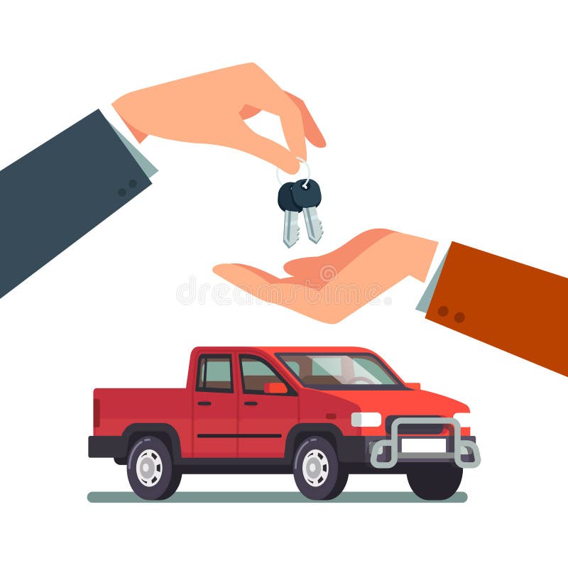 Buying or renting a new or used pickup truck. Car dealer giving keychain to a buyer hand. Modern flat style vector illustration isolated on white background. Buying or renting a new or used pickup truck. Car dealer giving keychain to a buyer hand. Modern flat style vector illustration isolated on white background.