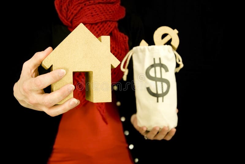 Property purchase, woman holding golden house and a bag of money. Property purchase, woman holding golden house and a bag of money