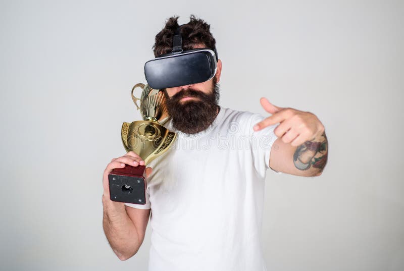 Achievement unlocked. Feel victory in virtual reality games. Achieve victory. Hipster virtual gamer got achievement. Man royalty free stock photos Achievement unlocked. Feel victory in virtual reality games. Achieve victory. Hipster virtual gamer got achievement. Man royalty free stock photos