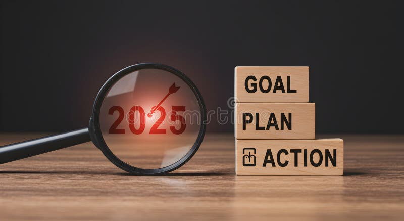 Achieving business goals and plans for the year two thousand twenty five vision and action steps vector illustration