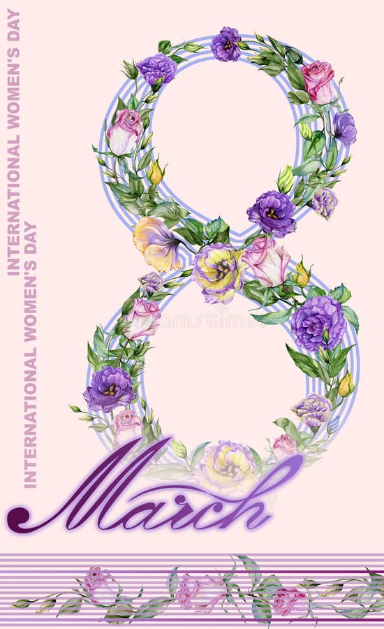 Acht März-Grußkarte Zeichen am 8. März verziert mit schönen Rosen- und Eustomablumen vektor abbildung