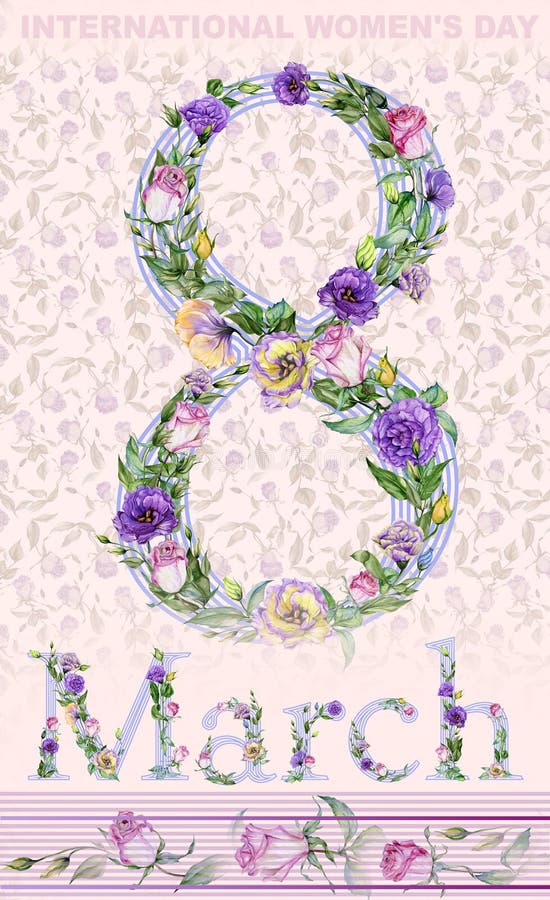 Acht März-Grußkarte Zeichen am 8. März verziert mit schönen Rosen- und Eustomablumen stock abbildung