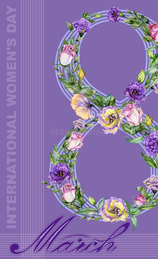Acht März-Grußkarte Zeichen am 8. März verziert mit schönen Rosen- und Eustomablumen vektor abbildung