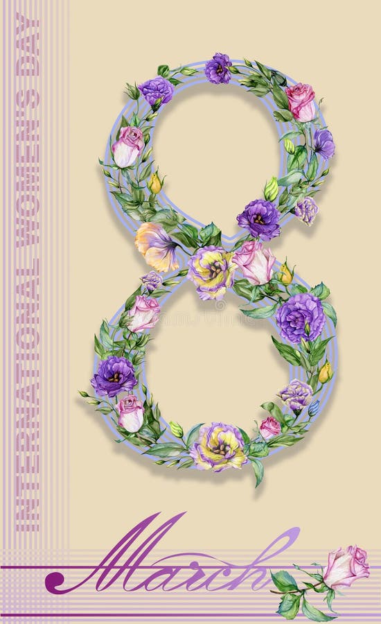 Acht März-Grußkarte Zeichen am 8. März verziert mit schönen Rosen- und Eustomablumen lizenzfreie abbildung